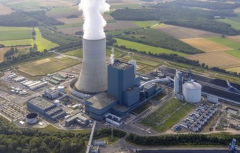 Aerial view of the power plant facilities and exhaust gas towers of the coal-fired power plant