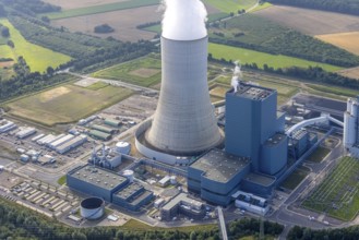 Aerial view of the power plant facilities and exhaust gas towers of the coal-fired power plant