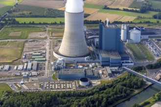 Aerial view of the power plant facilities and exhaust gas towers of the coal-fired power plant