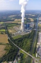 Aerial view of the power plant facilities and exhaust gas towers of the coal-fired power plant