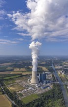 Aerial view of the power plant facilities and exhaust gas towers of the coal-fired power plant