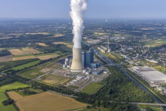 Aerial view of the power plant facilities and exhaust gas towers of the coal-fired power plant