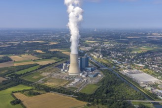 Aerial view of the power plant facilities and exhaust gas towers of the coal-fired power plant