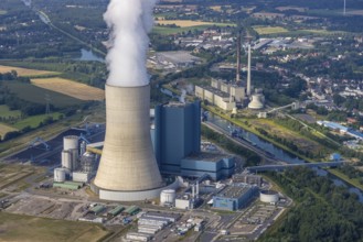 Aerial view of the power plant facilities and exhaust gas towers of the coal-fired power plant