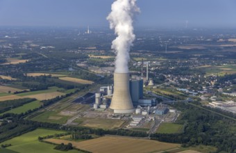 Aerial view of the power plant facilities and exhaust gas towers of the coal-fired power plant