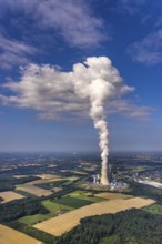 Aerial view of the power plant facilities and exhaust gas towers of the coal-fired power plant