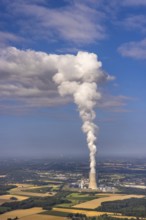 Aerial view of the power plant facilities and exhaust gas towers of the coal-fired power plant