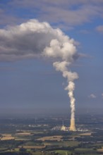Aerial view of the power plant facilities and exhaust gas towers of the coal-fired power plant