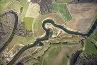 Aerial view, Lippe reorganisation, river Lippe, renaturation, new Lippe meanders, restoration of