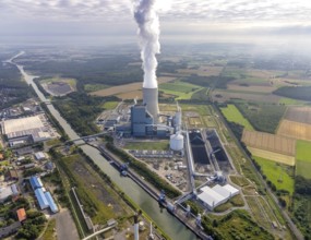 Aerial view of the power plant facilities and exhaust gas towers of the coal-fired power plant