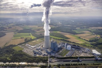 Aerial view of the power plant facilities and exhaust gas towers of the coal-fired power plant