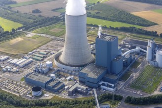 Aerial view of the power plant facilities and exhaust gas towers of the coal-fired power plant