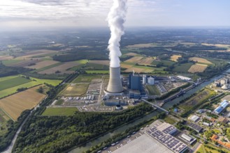 Aerial view of the power plant facilities and exhaust gas towers of the coal-fired power plant
