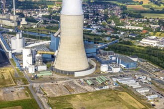 Aerial view of the power plant facilities and exhaust gas towers of the coal-fired power plant