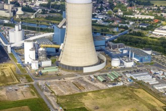 Aerial view of the power plant facilities and exhaust gas towers of the coal-fired power plant