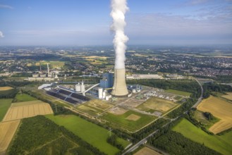 Aerial view of the power plant facilities and exhaust gas towers of the coal-fired power plant