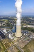 Aerial view of the power plant facilities and exhaust gas towers of the coal-fired power plant