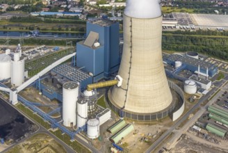 Aerial view of the power plant facilities and exhaust gas towers of the coal-fired power plant
