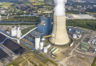 Aerial view of the power plant facilities and exhaust gas towers of the coal-fired power plant