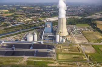 Aerial view of the power plant facilities and exhaust gas towers of the coal-fired power plant