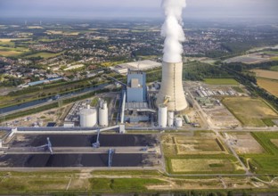 Aerial view of the power plant facilities and exhaust gas towers of the coal-fired power plant
