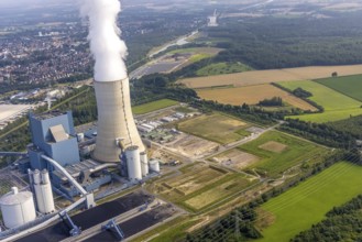 Aerial view of the power plant facilities and exhaust gas towers of the coal-fired power plant