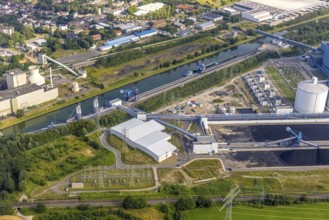 Aerial view of the power plant facilities and exhaust gas towers of the coal-fired power plant