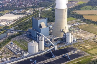 Aerial view of the power plant facilities and exhaust gas towers of the coal-fired power plant