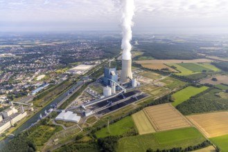 Aerial view of the power plant facilities and exhaust gas towers of the coal-fired power plant
