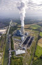 Aerial view of the power plant facilities and exhaust gas towers of the coal-fired power plant