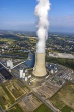 Aerial view of the power plant facilities and exhaust gas towers of the coal-fired power plant