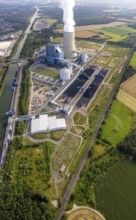 Aerial view of the power plant facilities and exhaust gas towers of the coal-fired power plant