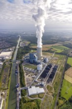 Aerial view of the power plant facilities and exhaust gas towers of the coal-fired power plant