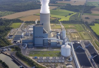 Aerial view of the power plant facilities and exhaust gas towers of the coal-fired power plant