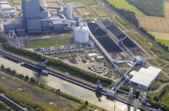 Aerial view of the power plant facilities and exhaust gas towers of the coal-fired power plant