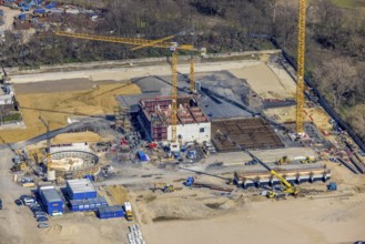 Aerial view, construction site new wood-fired power station at Thyssenstraße, Averbruch, Dinslaken,