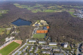 Aerial view, Rotbachsee, tennis facility, sports field, Dorfstraße, nature reserve Scholtenbusch,