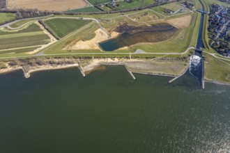 Aerial view, Rhine dyke construction site, new and old Emscher estuary, drop structure Emscher
