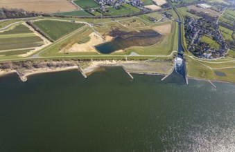 Aerial view, Rhine dyke construction site, new and old Emscher estuary, drop structure Emscher