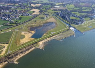 Aerial view, Rhine dyke construction site, new and old Emscher estuary, drop structure Emscher