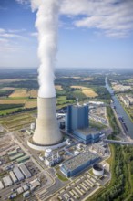 Aerial view of the power plant facilities and exhaust gas towers of the coal-fired power plant