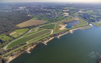 Aerial view, Rhine dyke construction site, new and old Emscher estuary, drop structure Emscher
