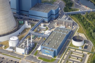 Aerial view of the power plant facilities and exhaust gas towers of the coal-fired power plant