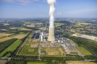 Aerial view of the power plant facilities and exhaust gas towers of the coal-fired power plant
