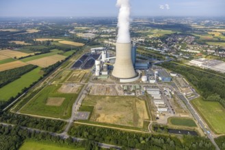 Aerial view of the power plant facilities and exhaust gas towers of the coal-fired power plant