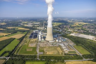 Aerial view of the power plant facilities and exhaust gas towers of the coal-fired power plant