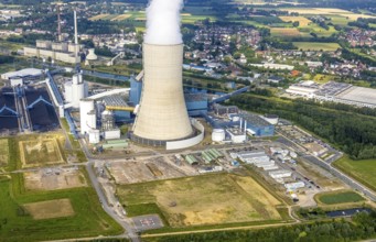 Aerial view of the power plant facilities and exhaust gas towers of the coal-fired power plant