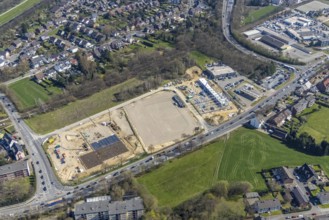 Aerial view, construction site and new construction commercial area, Freidrich-Ebert-Straße,