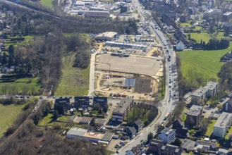 Aerial view, construction site and new construction commercial area, Freidrich-Ebert-Straße,