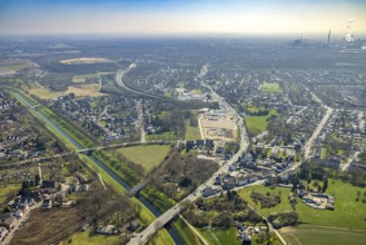Aerial view, construction site and new construction commercial area, Freidrich-Ebert-Straße,